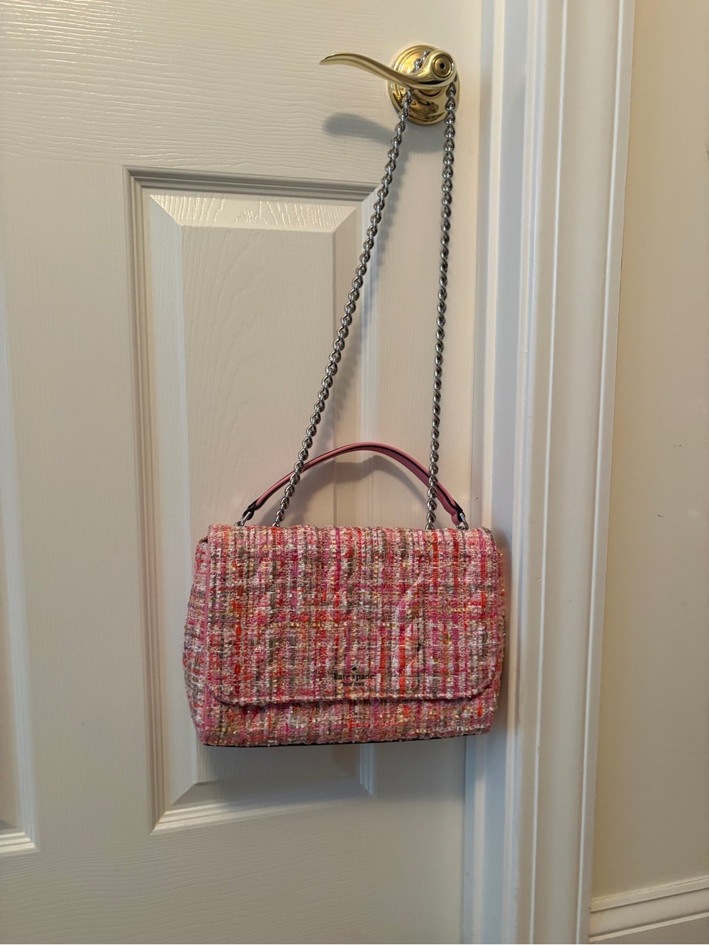 kate spade Pink Tweed Shoulder Bag with Chain Strap and Top Handle